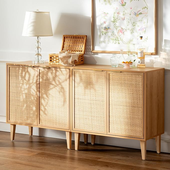 Accent Storage Cabinet Set of 2 Sideboard with Rattan Doors, Boho Buffet Kitchen Bar Cabinet Farm... | Amazon (US)