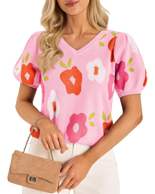 Cicy Bell Womens Puff Short Sleeve Sweater Tops 2026 Spring Summer Floral Pullover V Neck Casual ... | Amazon (US)