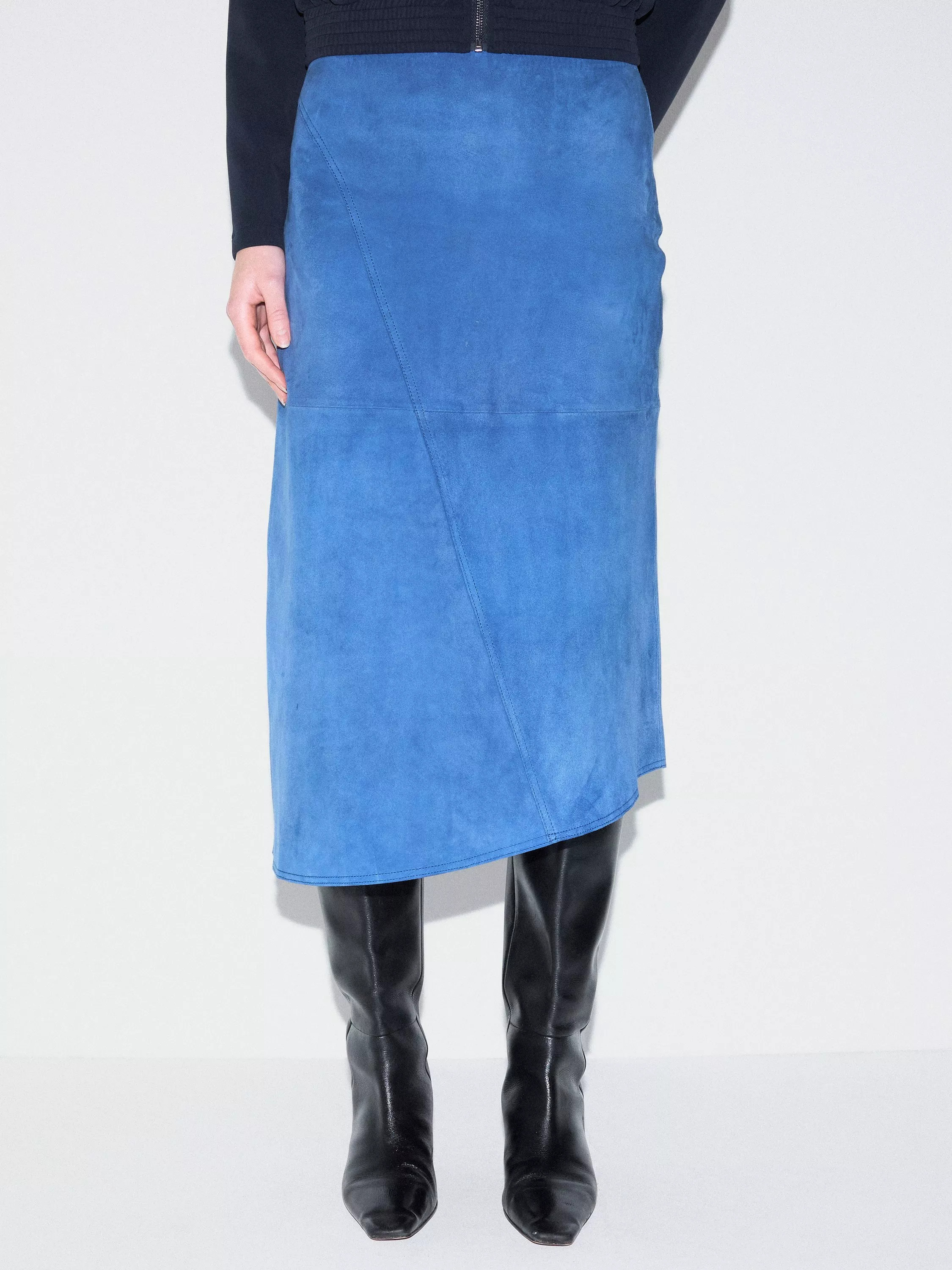 Jigsaw Pure Suede Asymmetric Midi Skirt, Blue | John Lewis (UK)