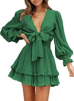 AlvaQ Womens Spring Summer Knot Front V Neck Ruffles Long Sleeve Floral Print Swing Mini Dress | Amazon (US)