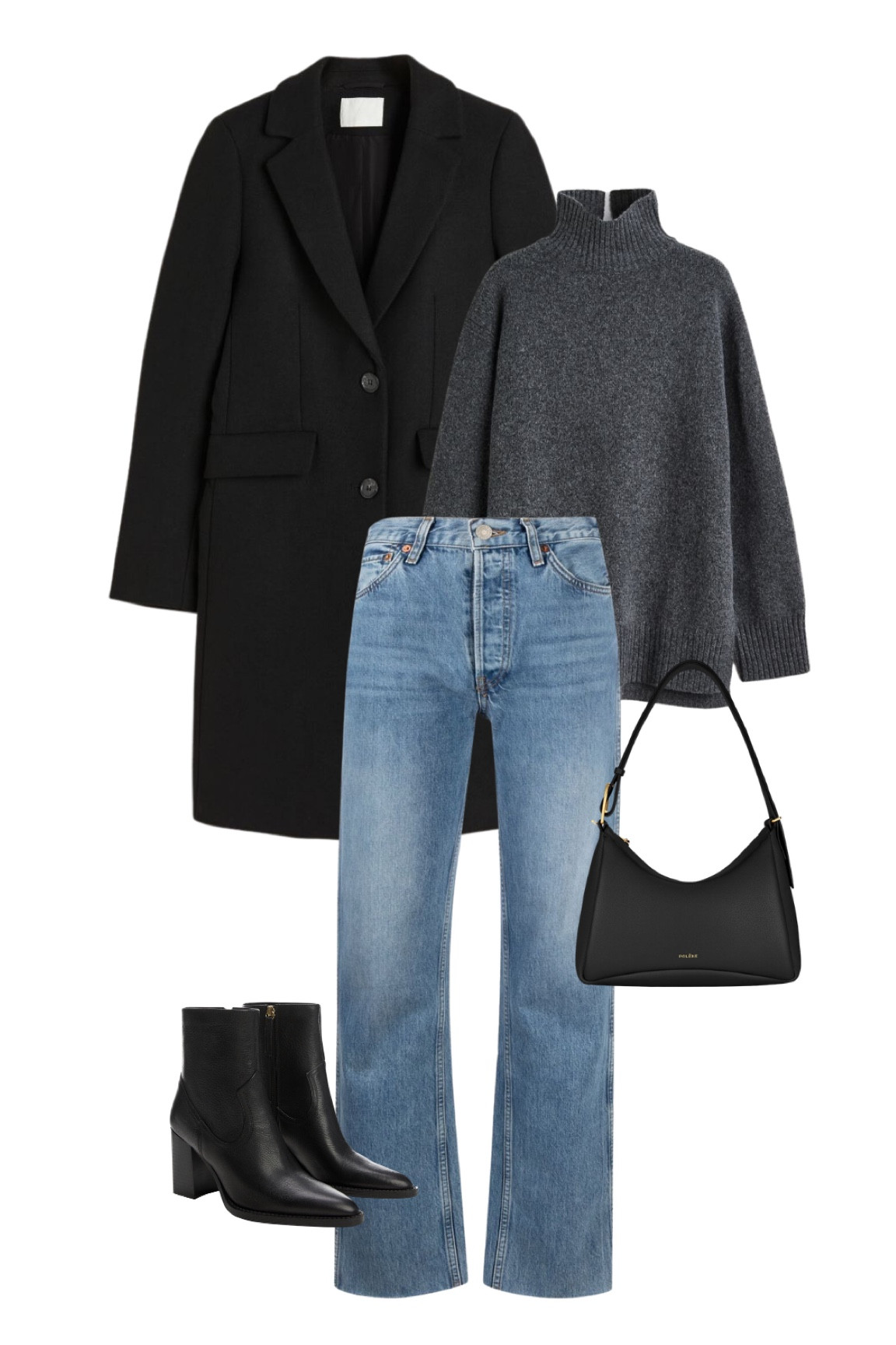 Moody fall weather outfit - a black coat, grey turtleneck jumper, levis jeans, black ankle boots & a black bag

#LTKstyletip #LTKSeasonal #LTKworkwear