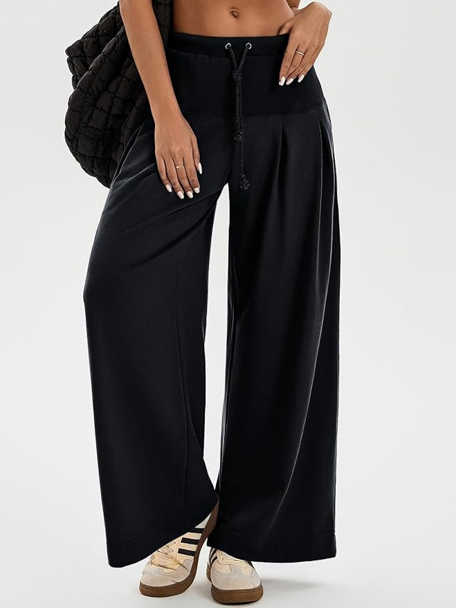 Tankaneo Womens Pleated Wide Leg Sweatpants Baggy Drawstring High Waisted Pants Casual Comfy Pala... | Amazon (US)