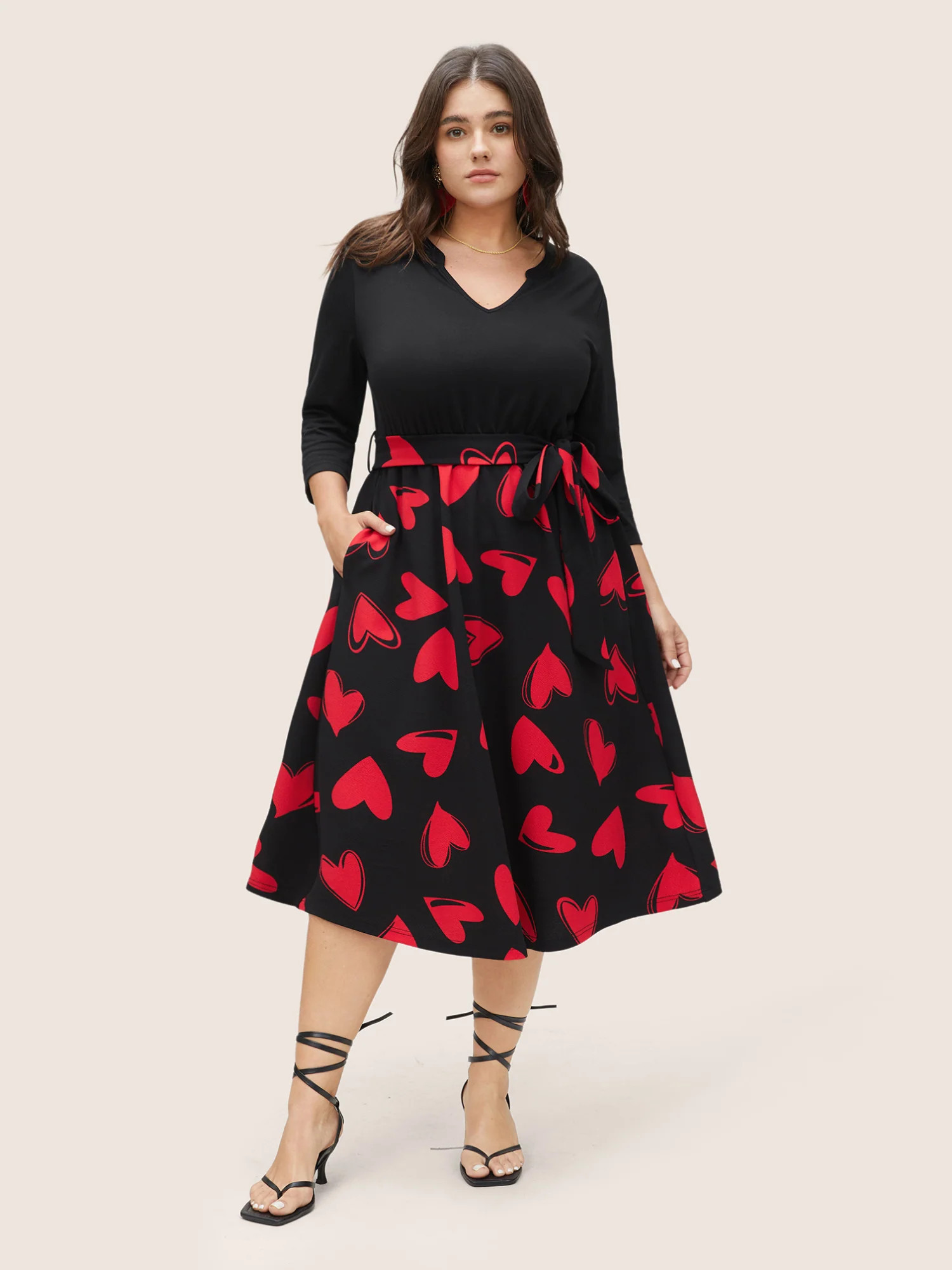 Heart Print Notched Belted Patchwork Dress | Bloomchic