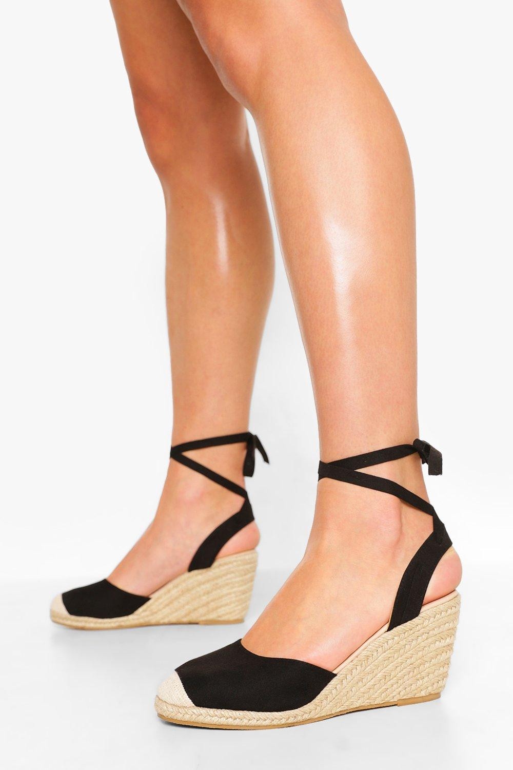 Womens Wide Width Wrap Up Espadrille Wedges - Black - 6 | Boohoo.com (US & CA)
