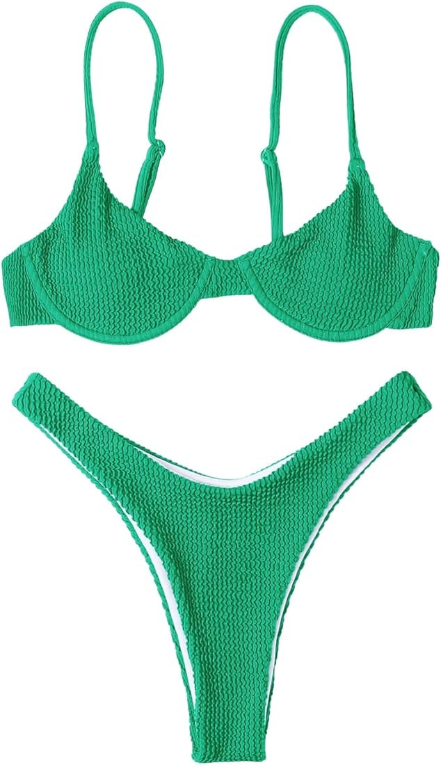 MakeMeChic Women's 2 Piece Bathing Suits Solid High Cut Bikini Set Underwire Swimsuits Green S | Amazon (US)