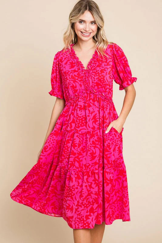 Fuchsia Print Ruffle Trim Tiered Dress | PinkBlush Maternity
