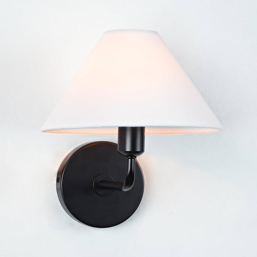Mid-Century Tapered White Linen Shade Wall Sconce, Hand-Polished Matte Black Wall Mounted Light B... | Amazon (US)