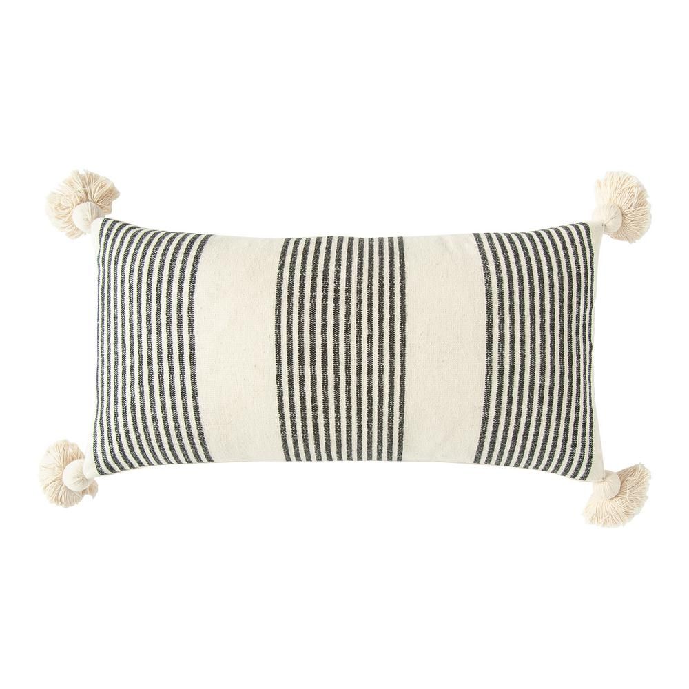 Black Striped Cotton and Chenille 27 in. x 14 in. Throw Pillow | The Home Depot