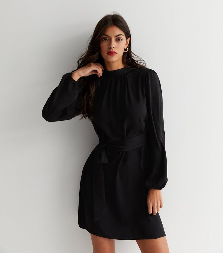 Black High Neck Long Sleeve Tie Waist Mini Dress
						
						Add to Saved Items
						Remove fro... | New Look (UK)