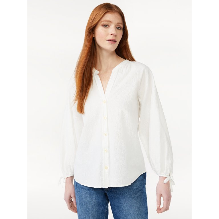 Free Assembly Women's Gathered Button Down Top with 3/4-Length Tie Sleeves | Walmart (US)
