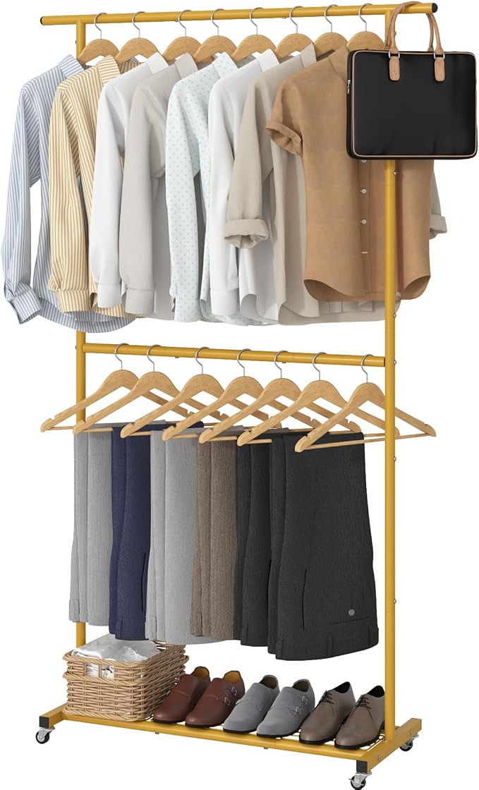 Sywhitta Double Rod Clothing Garment Rack, Rolling Coat Hanger with Bottom Mesh, Clothing Rack fo... | Amazon (US)