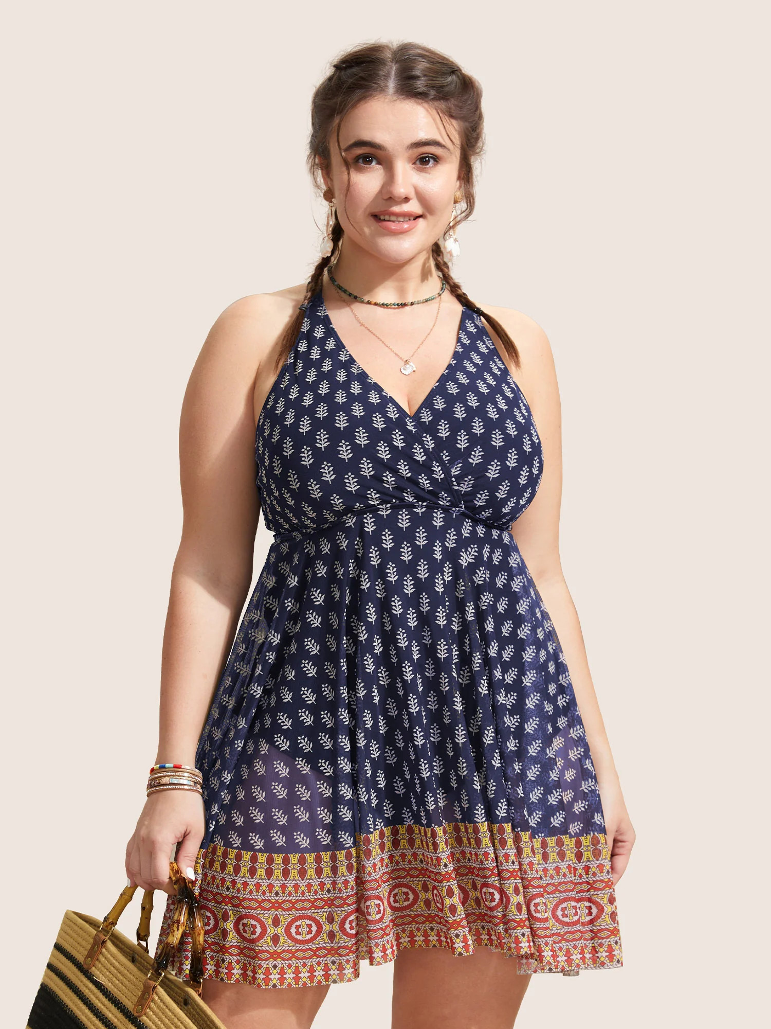 Overlap Collar Boho Print Patchwork Swim Dress | Bloomchic