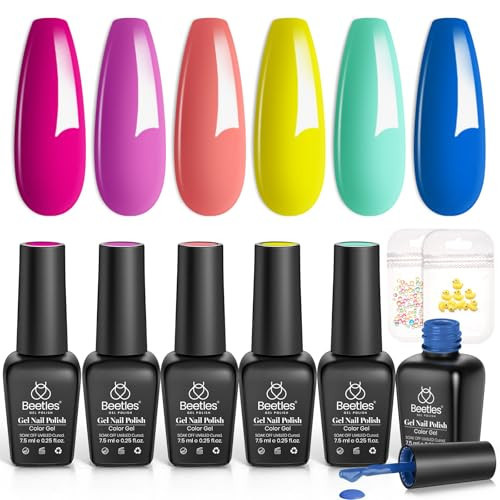 Beetles Gel Nail Polish Set, 6 Colors Bright Rainbow Nail Art Orange Blue Pink Green Neon Gel Polish Kit Soak Off UV Gel DIY Nail Art for Women Pool Party Holiday Manicure | Amazon (US)
