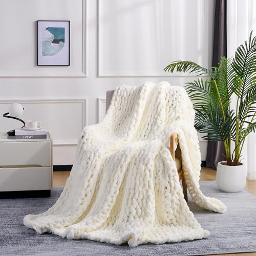 L'AGRATY Chunky Knit Throw Blanket for Couch, 50 x 60 Inches, Cream White | Amazon (US)
