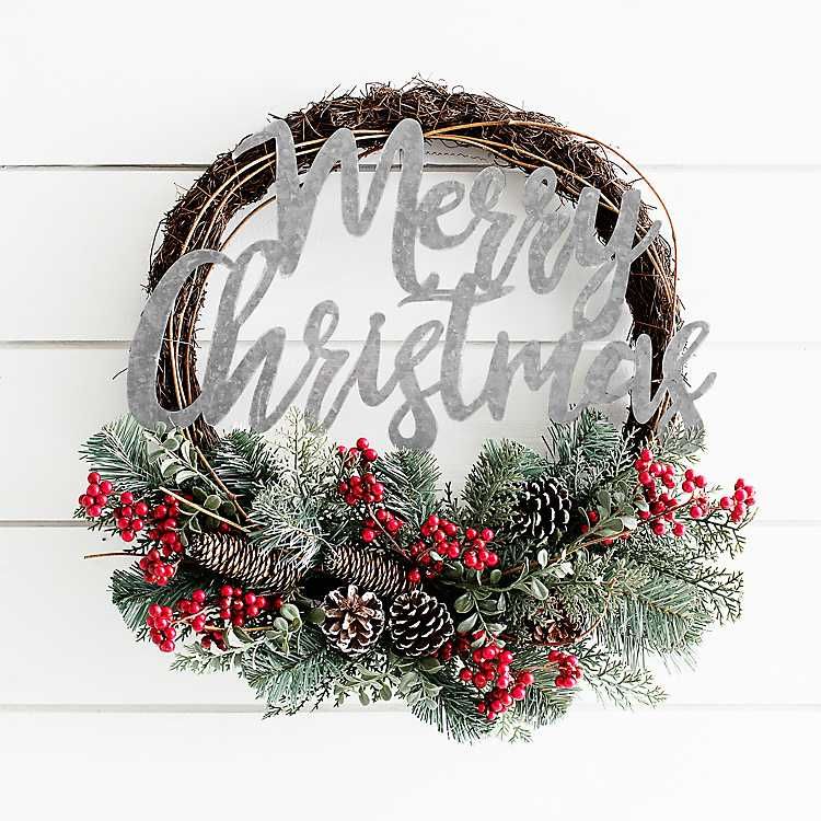 Galvanized Merry Christmas Berry and Pine Wreath | Kirkland's Home