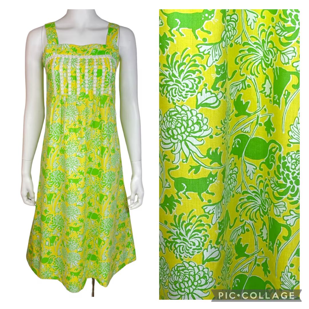 Vintage 1970s the Lilly Pulitzer Yellow & Green Cat Animal Print Cotton Sun Dress Size M - Etsy | Etsy (US)