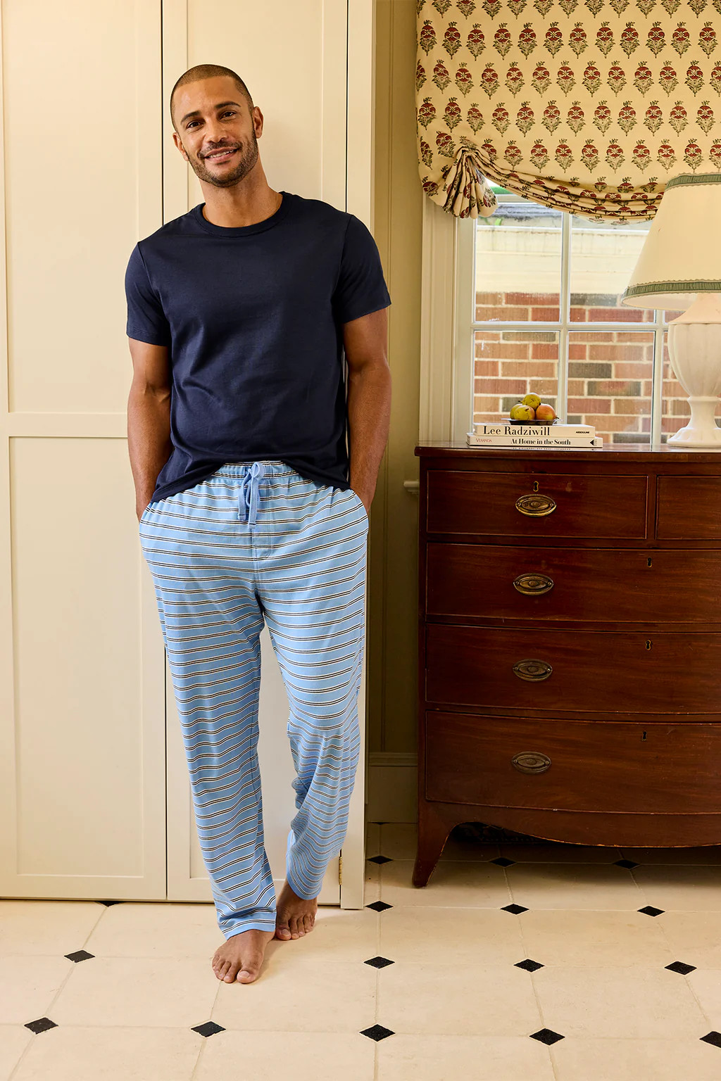 Men's Pima Sleep Short-Long Set in Oxford Blue Triple Stripe | Lake Pajamas
