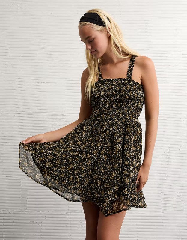 AE Handkerchief Hem Ruffle Floral Mini Dress | American Eagle Outfitters (US & CA)