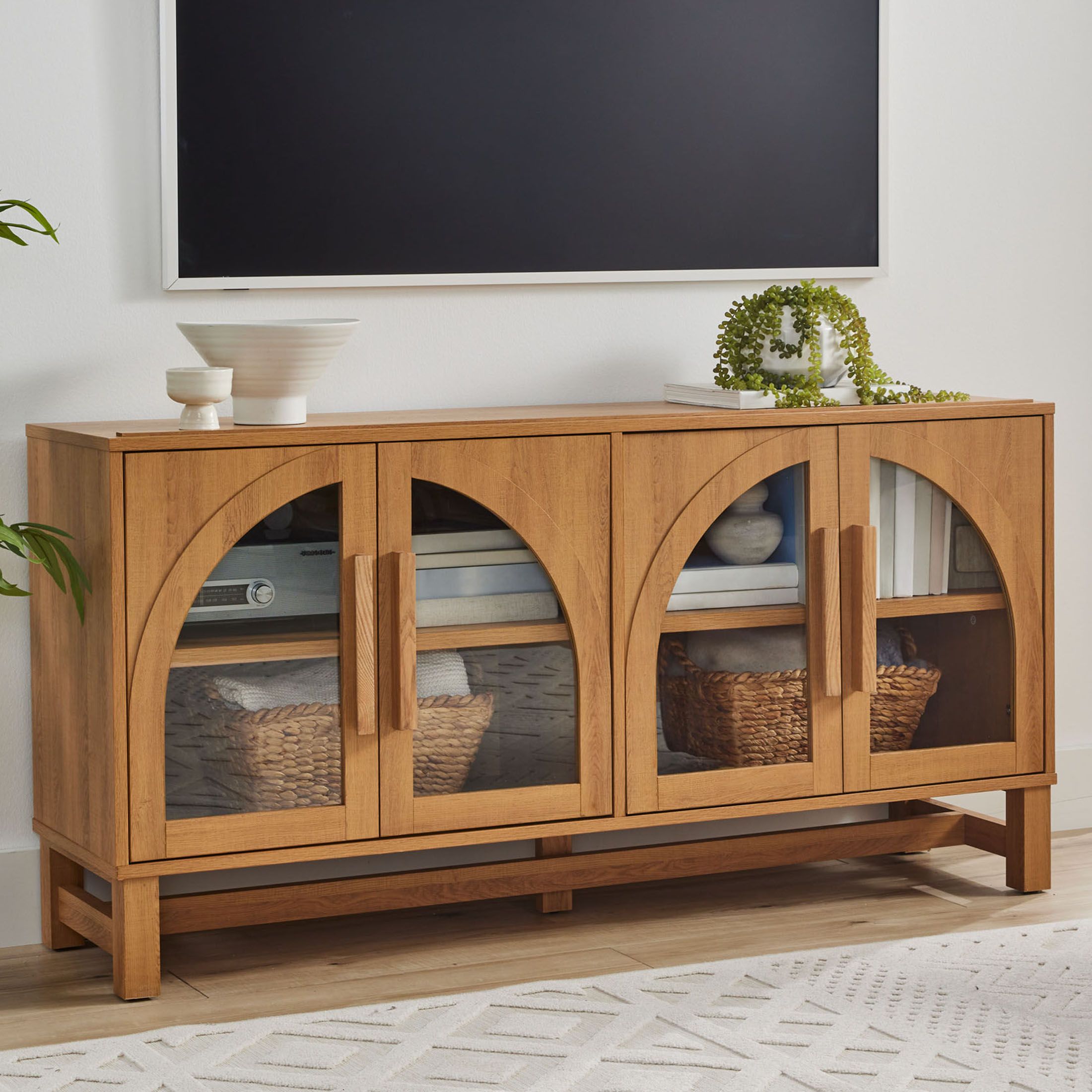 Better Homes & Gardens Juliet Arc TV Stand for TVs up to 65",  Light Honey Finish | Walmart (US)