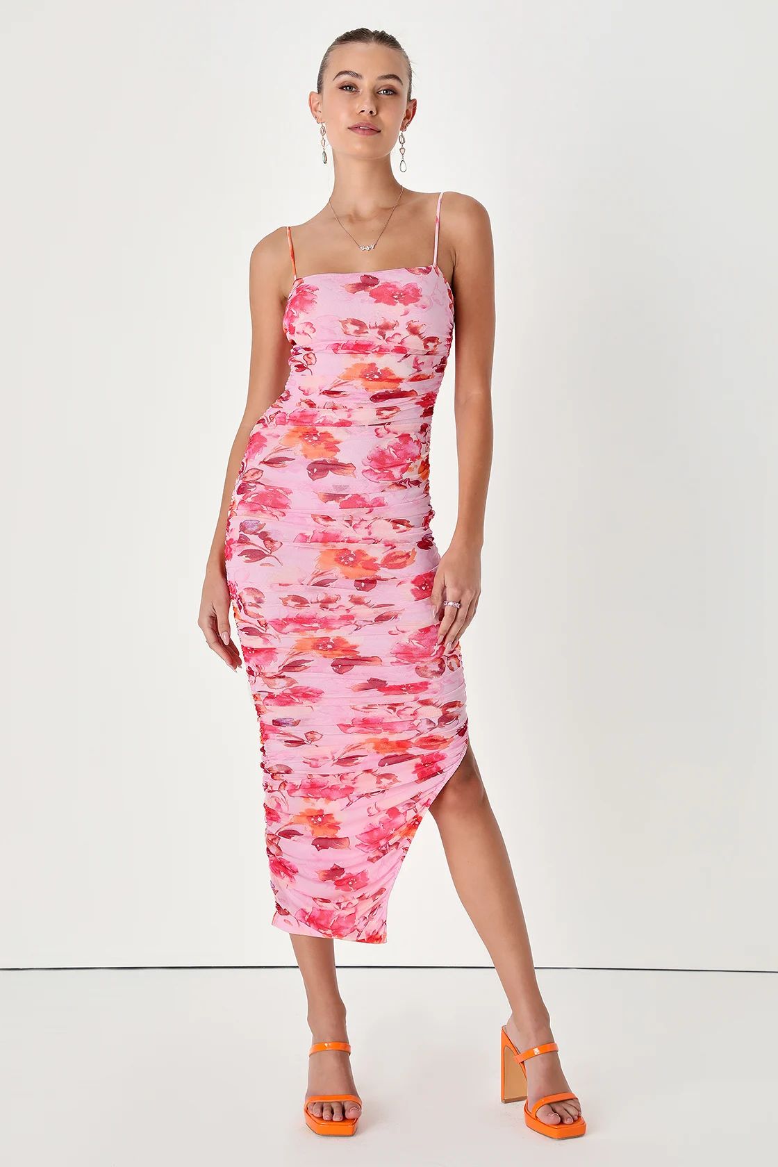 Stun and Only Pink Floral Print Ruched Mesh Bodycon Midi Dress | Lulus (US)