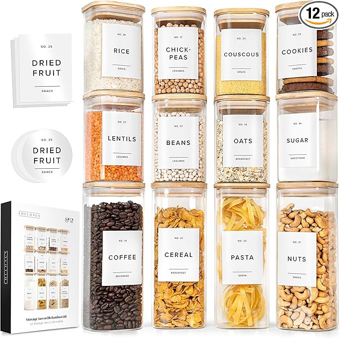 Contenedores cuadrados de vidrio con tapas de bambú, paquete de 12 (4 tarros de 30 onzas, 8 x 17... | Amazon (US)