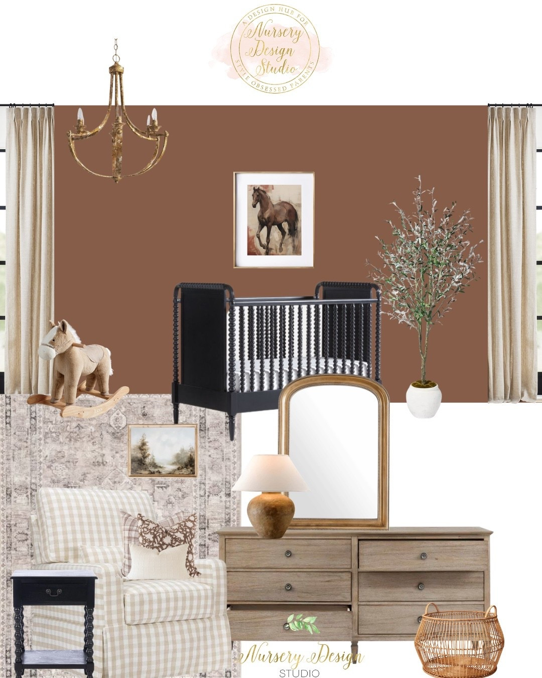For this nursery, we embraced a rich, heritage-inspired palette that feels both timeless and sophisticated. Warm chestnut walls, a striking black spindle crib, and weathered oak furniture create a beautiful foundation, while equestrian artwork, antique brass lighting, and layered textures give the room its collected character.

#LTKHome #LTKSaleAlert #LTKBump
