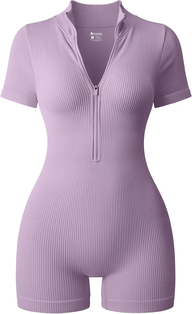 OQQ Women Rompers Ribbed Short Sleeve Zip Front Stretch Tummy Control Yoga Workout Rompers | Amazon (US)