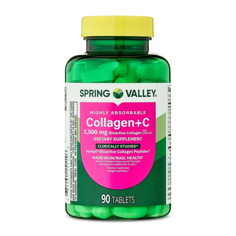 Spring Valley Highly Absorbable Collagen + C Tablets for Hair/Skin/Nail Health, 2,500 mg, 90 Coun... | Walmart (US)