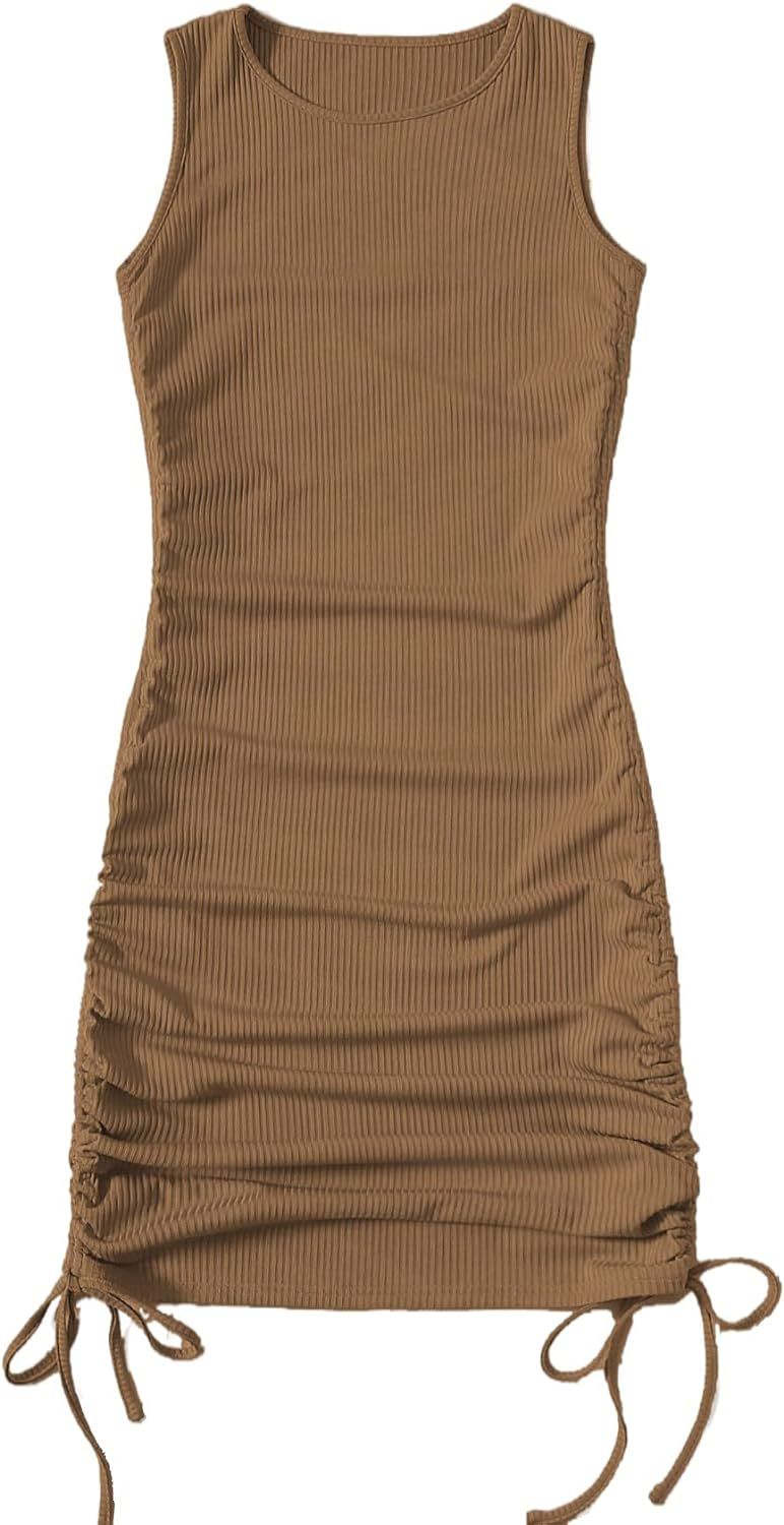 SheIn Women's Ruched Sleeveless Mini Bodycon Dress Drawstring Tie Side Round Neck Short Dresses | Amazon (US)