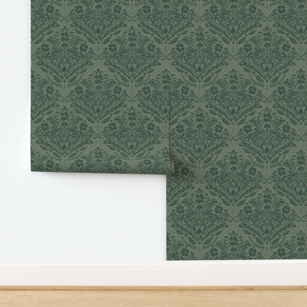 Wallpaper in modern victorian damask floral ornaments dark hunter green on sage green | Spoonflower