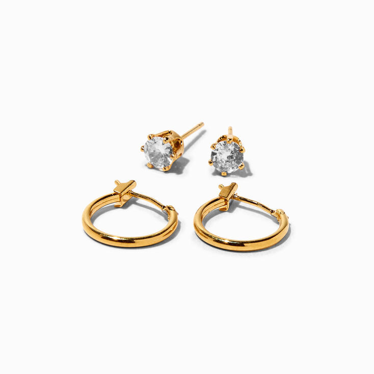 18K Gold Plated Cubic Zirconia Stud & Hoop Earrings - 2 Pack | Claire's (US)