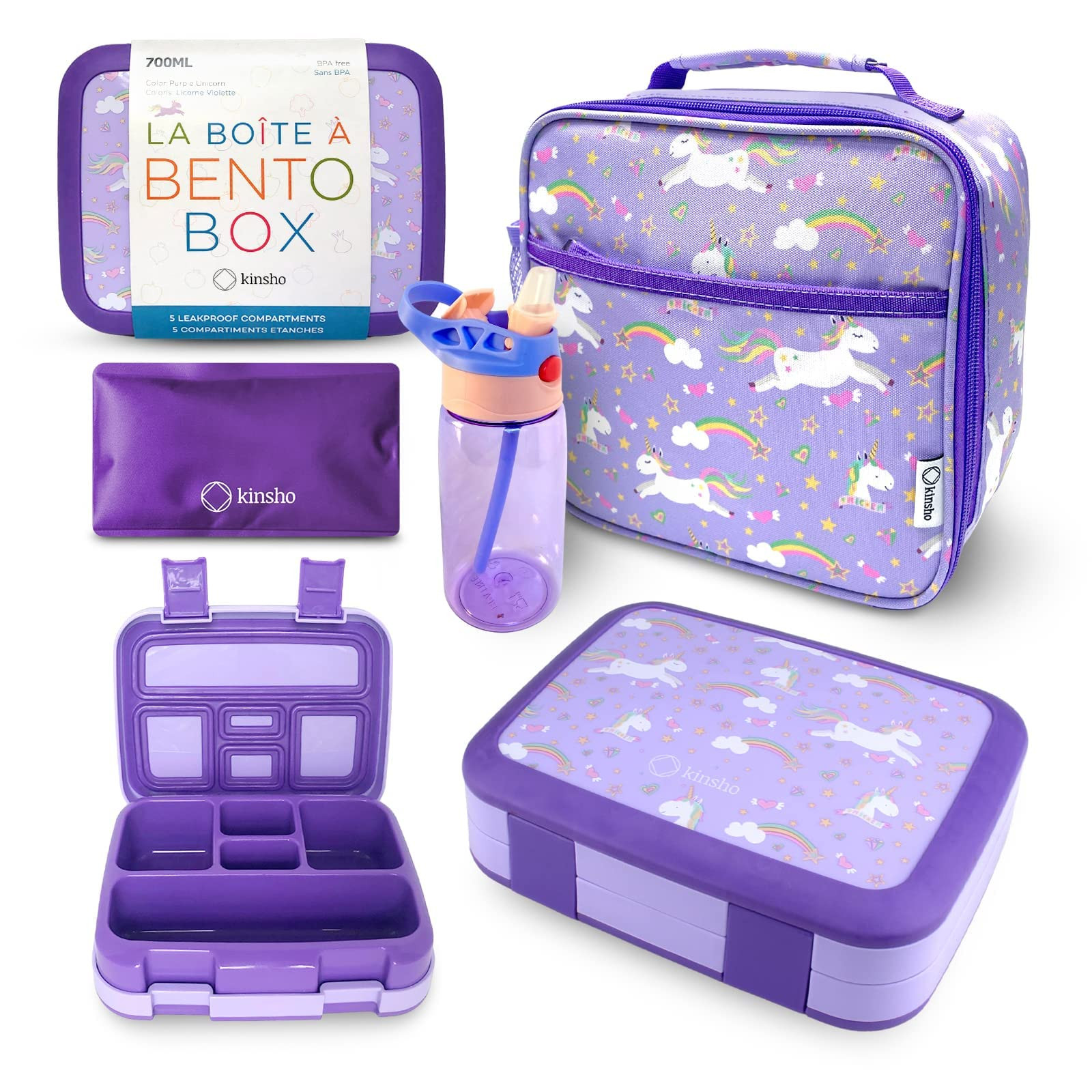 Bento Box with Insulated Lunch Bag, Ice Pack & Water Bottle Set for Kids - 5 Compartments, Lunches or Snack Container Girls, Toddlers Daycare Pre-School, Kindergarten Purple Unicorn | Amazon (US)