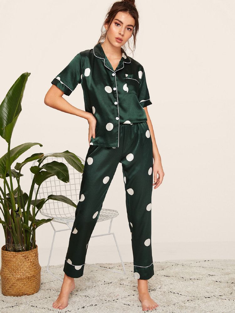 Polka Dot Satin Pajama Set | SHEIN