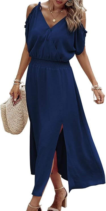Angashion Women's 2023 Summer Maxi Dress Wrap V Neck Wedding Guest Cold Shoulder Split Smocked Hi... | Amazon (US)