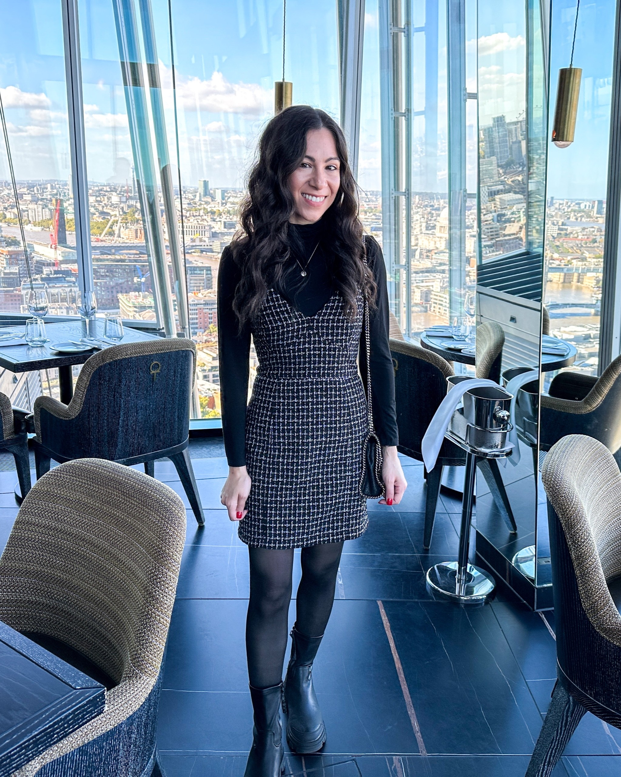 Another favorite travel look from London. Tweed cami dress with black turtleneck and rip-resistant tights underneath. I wore these tights almost every day of our trip and not a single snag or tear. Also wearing my new Kurt Geiger boots.

#LTKunder50 #LTKSeasonal #LTKtravel