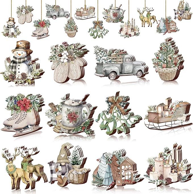 Suzile 36 Pcs Christmas Wooden Ornaments Vintage Christmas Tree Ornaments Xmas Decorations for Tr... | Amazon (US)