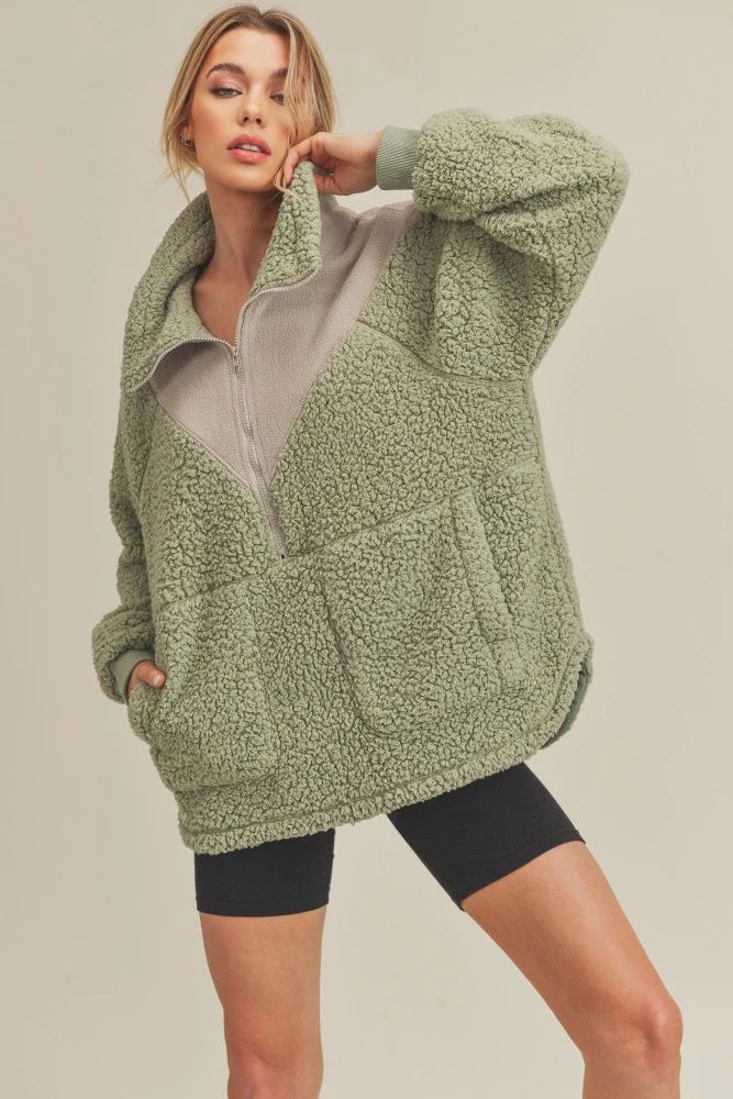 Green Colorblock Half Zip Fleece Pullover | PinkBlush Maternity