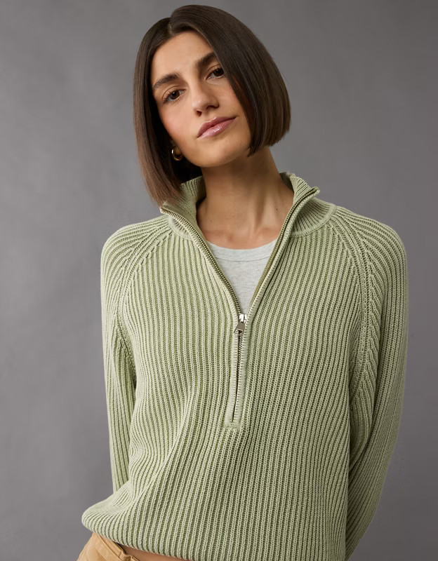 AE Cropped Mock Neck Quarter-Zip Sweater | American Eagle Outfitters (US & CA)