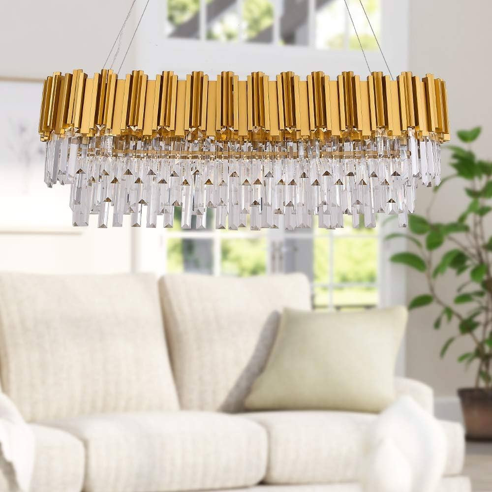 W35 Linear Modern Crystal Chandelier Lights Luxury Pendant Ceiling Light Oval Raindrop Contempora... | Amazon (US)