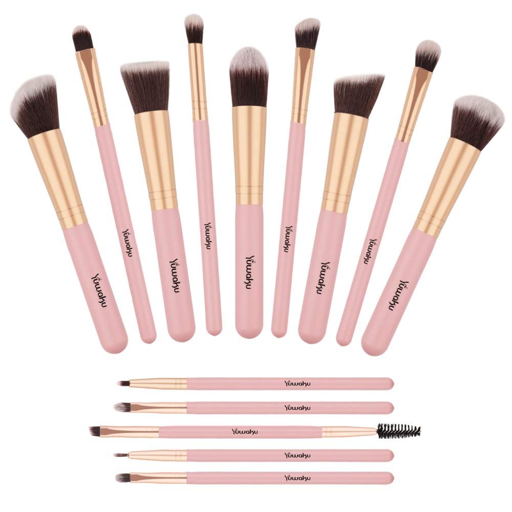 Makeup Brushes Set, Yuwaku Premium Synthetic 14pcs Kabuki Make Up Brush, Pink Foundation Powder C... | Amazon (US)