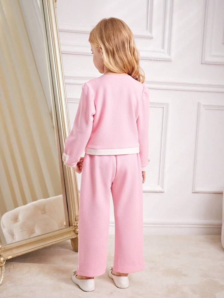SHEIN Young Girls Bow Front Contrast Binding Jacket & Pants | SHEIN
