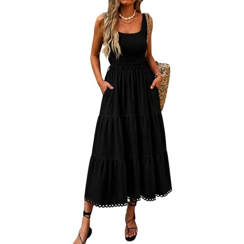 materasu Women Sleeveless Midi Dress with Pocket Drawstring Waist Tiered Casual Summer Dress Pink | Amazon (US)
