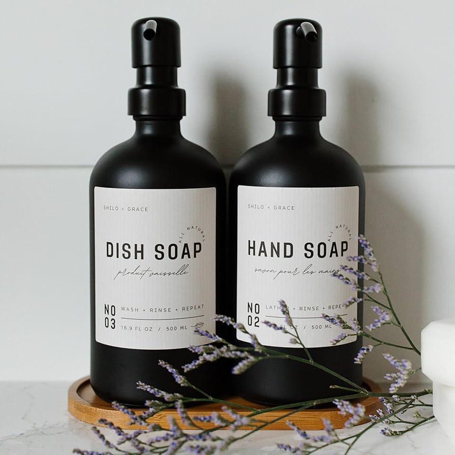 Black Glass Soap Dispenser Set with Non-Slip Bamboo Tray | Black Metal Steel Pumps | 12 Matte Wat... | Amazon (US)