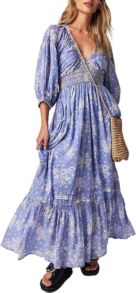 Argeousgor Boho Flowy Maxi Dress for Women Puff Long Sleeve Square Neck Embroidered Swing Tiered Lon | Amazon (US)