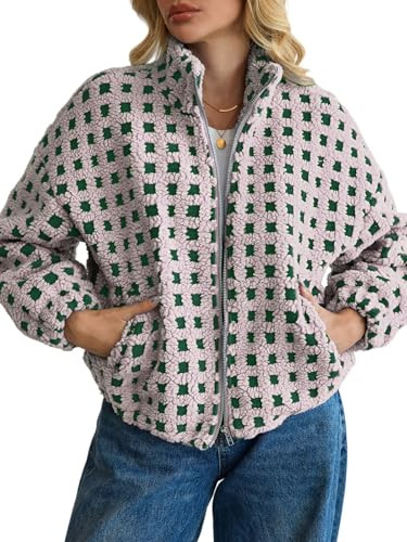 ALSOGO Womens Long Sleeve Checkered Sherpa Jacket Cropped Plaid Fleece Coats Zip Up Casual 2025 W... | Amazon (US)