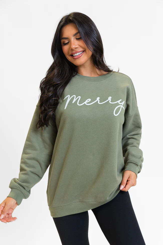 Merry Script Olive Oversized Graphic Sweatshirt DOORBUSTER | Pink Lily