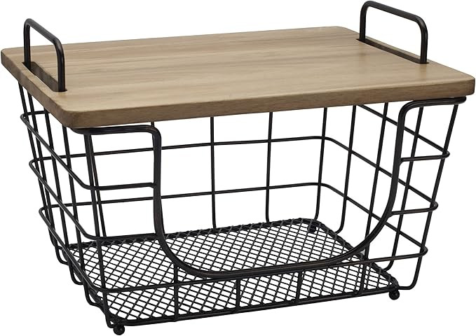 Gourmet Basics by Mikasa Madam Metal Stacking/Nesting Rectangular Basket with Acacia Lid, Antique... | Amazon (US)