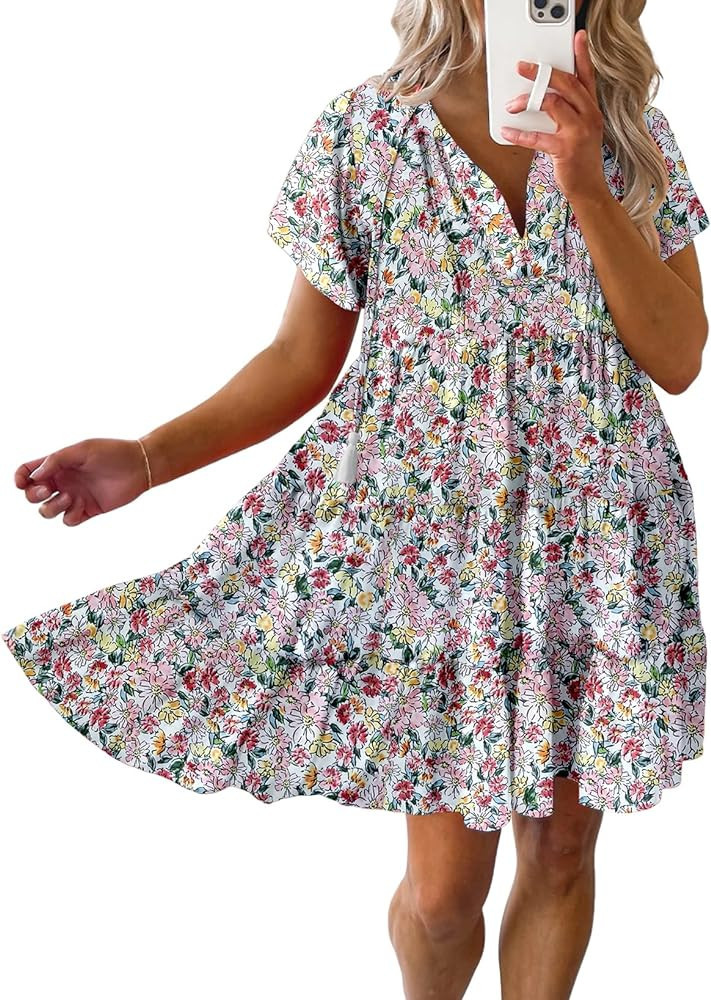 Dokotoo Womens Summer Casual Boho Floral Dresses V Neck Short Sleeve Flowy Swing A-Line Mini Dres... | Amazon (US)