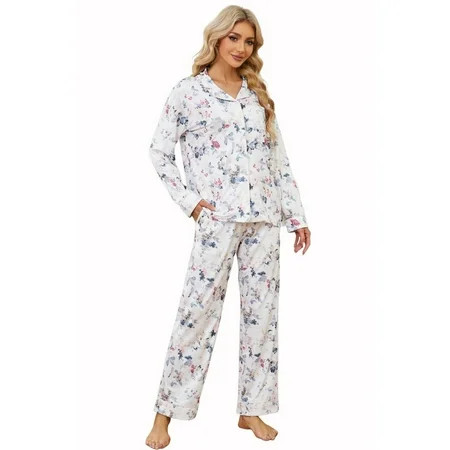 LYCY Womens Pajama Sets Floral Print Long Sleeve Button Down Pajamas Set for Women Soft Sleepwear Pjs 2 piece Loungewear (White Floral Medium) | Walmart (US)