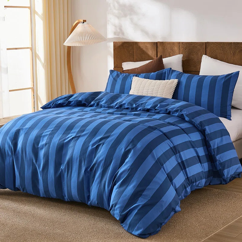 Chumerry Blue Striped Comforter Set Queen Size, 100% Natural Cotton Linen Like Bedding Set Dark Blue Soft Reversible Comforter for All Seasons | Wayfair | Wayfair North America